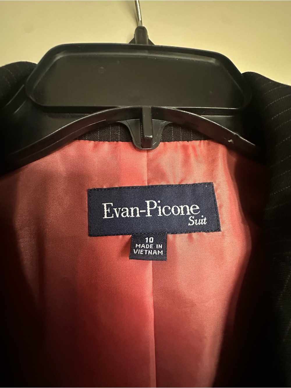 Evan Picone Black Pinstripe Suit Jacket with Coral-Red Lining
